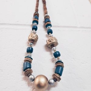 Gold Wood Blue Long Necklace Bold